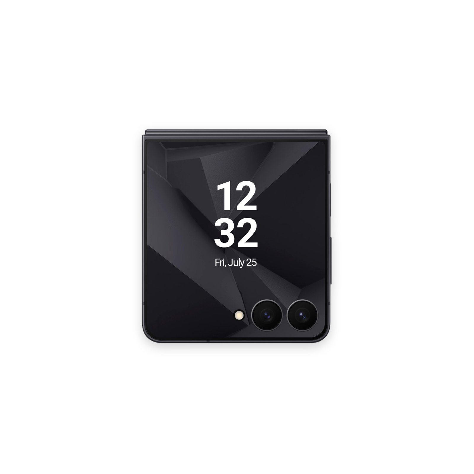 Front cover screen of a closed black Samsung Galaxy Z Flip phone showing dark low-poly geometric wallpaper and digital clock.