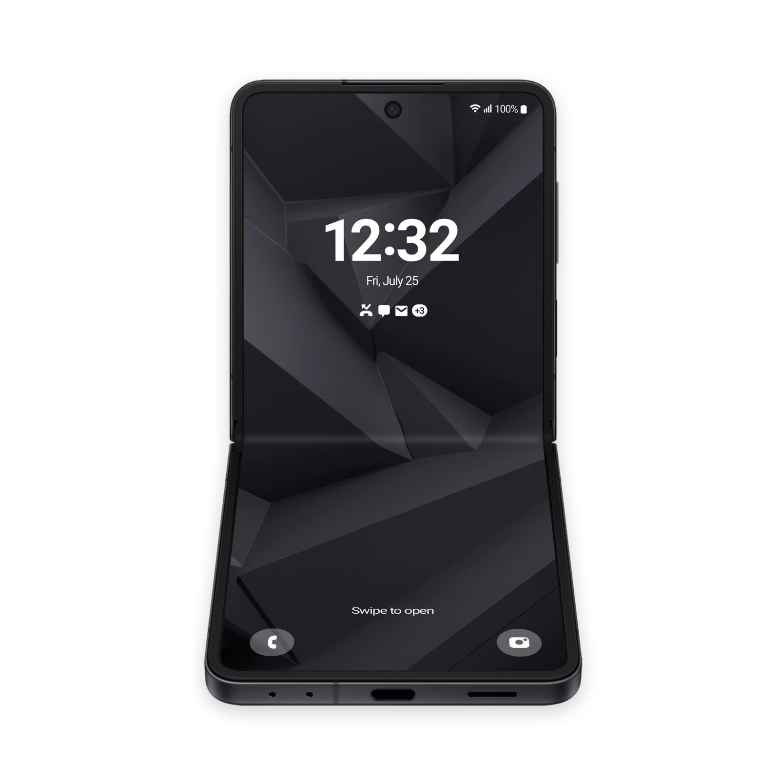 Unfolded Samsung Galaxy Z Flip phone sitting partially flexed, displaying dark charcoal low-poly 3D geometric artwork.