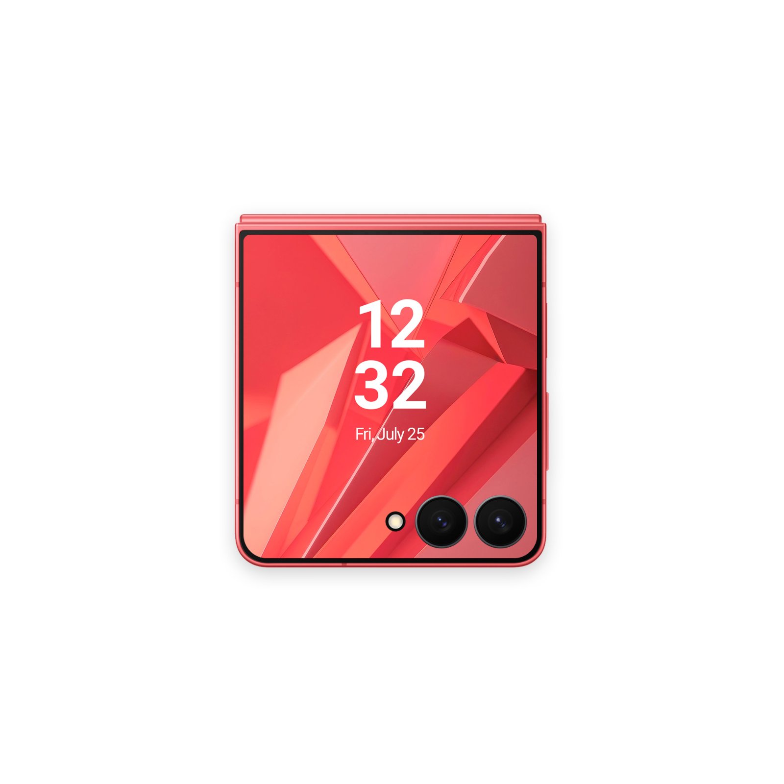 A folded coral red phone lying flat with its cover screen showing a low-poly red geometric pattern and time display.