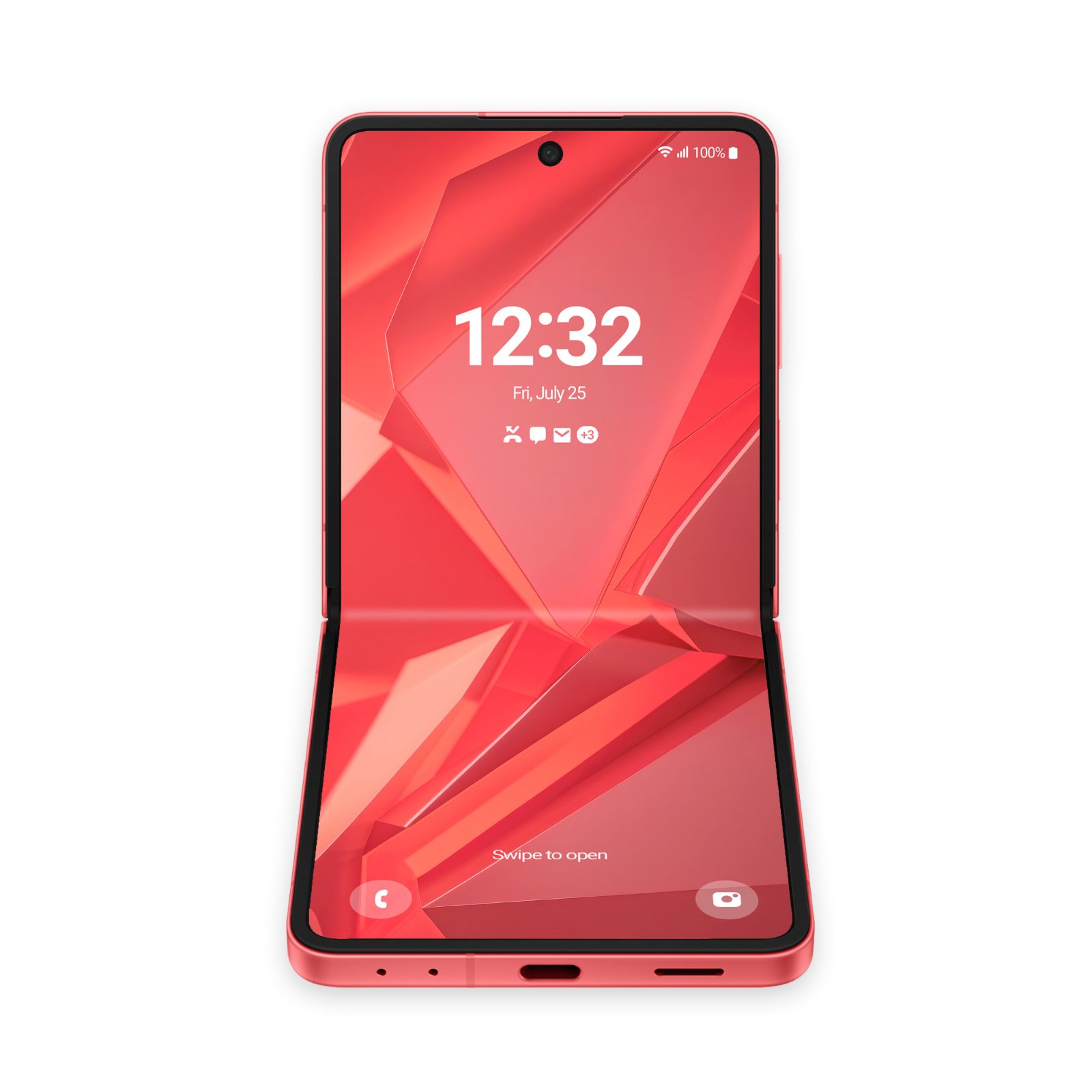 A partially opened coral red flip phone showing an abstract red geometric wallpaper across its flexible inner display.