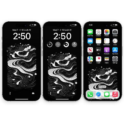 Three black iPhone lock screens with a black and white abstract swirl wallpaper. The left screen shows the time 2:50, the middle screen shows 2:50 with widget icons below, and the right screen shows app icons with the wallpaper.