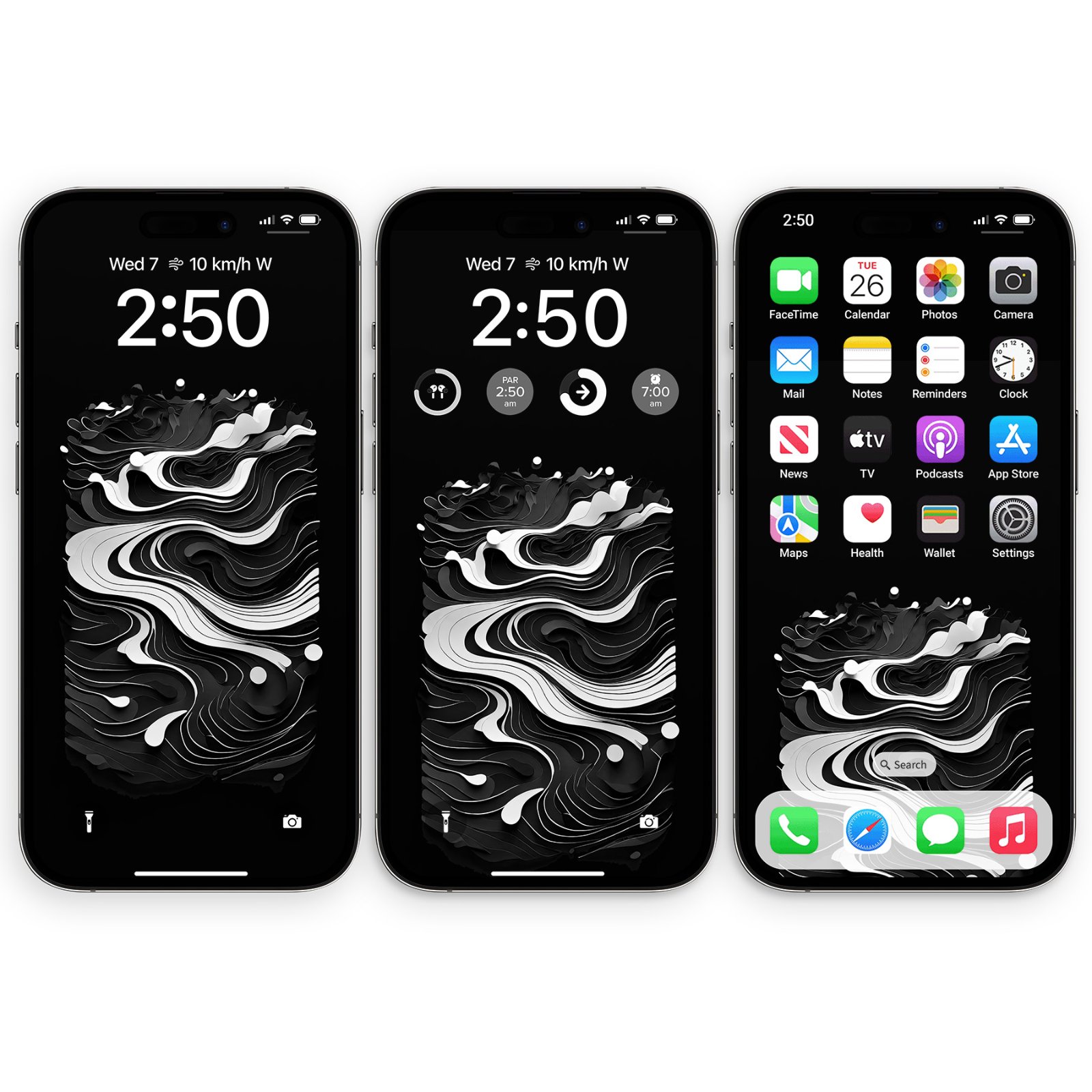 Three black iPhone lock screens with a black and white abstract swirl wallpaper. The left screen shows the time 2:50, the middle screen shows 2:50 with widget icons below, and the right screen shows app icons with the wallpaper.