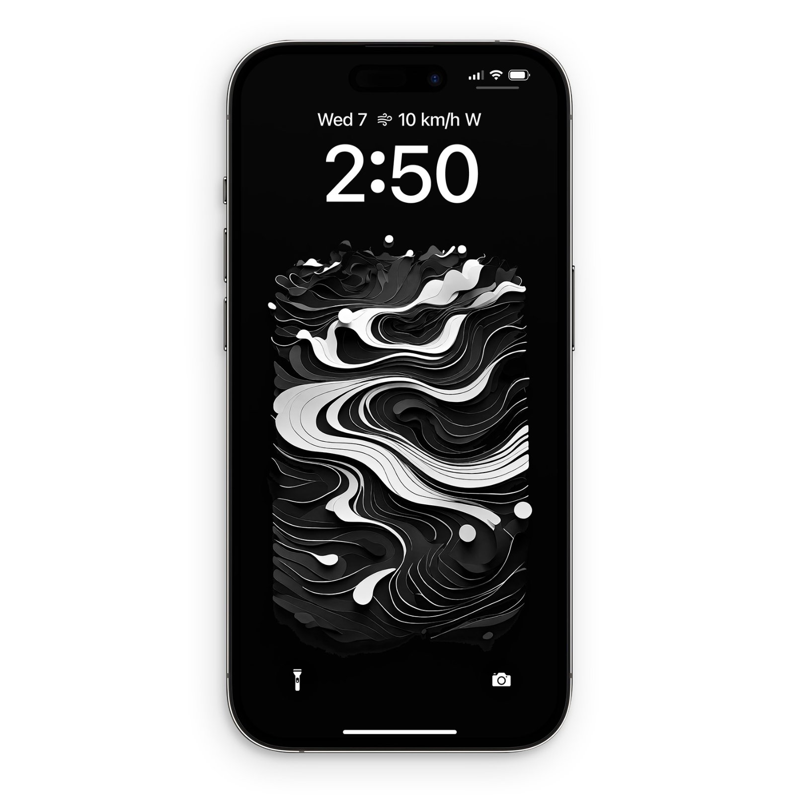 A black iPhone lock screen displaying the time 2:50 and a swirling abstract black and white pattern below.