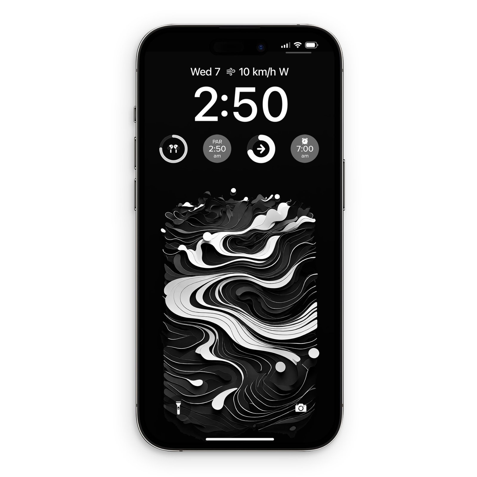 A black iPhone lock screen showing the time 2:50, several small widget icons, and a black and white abstract swirl pattern.