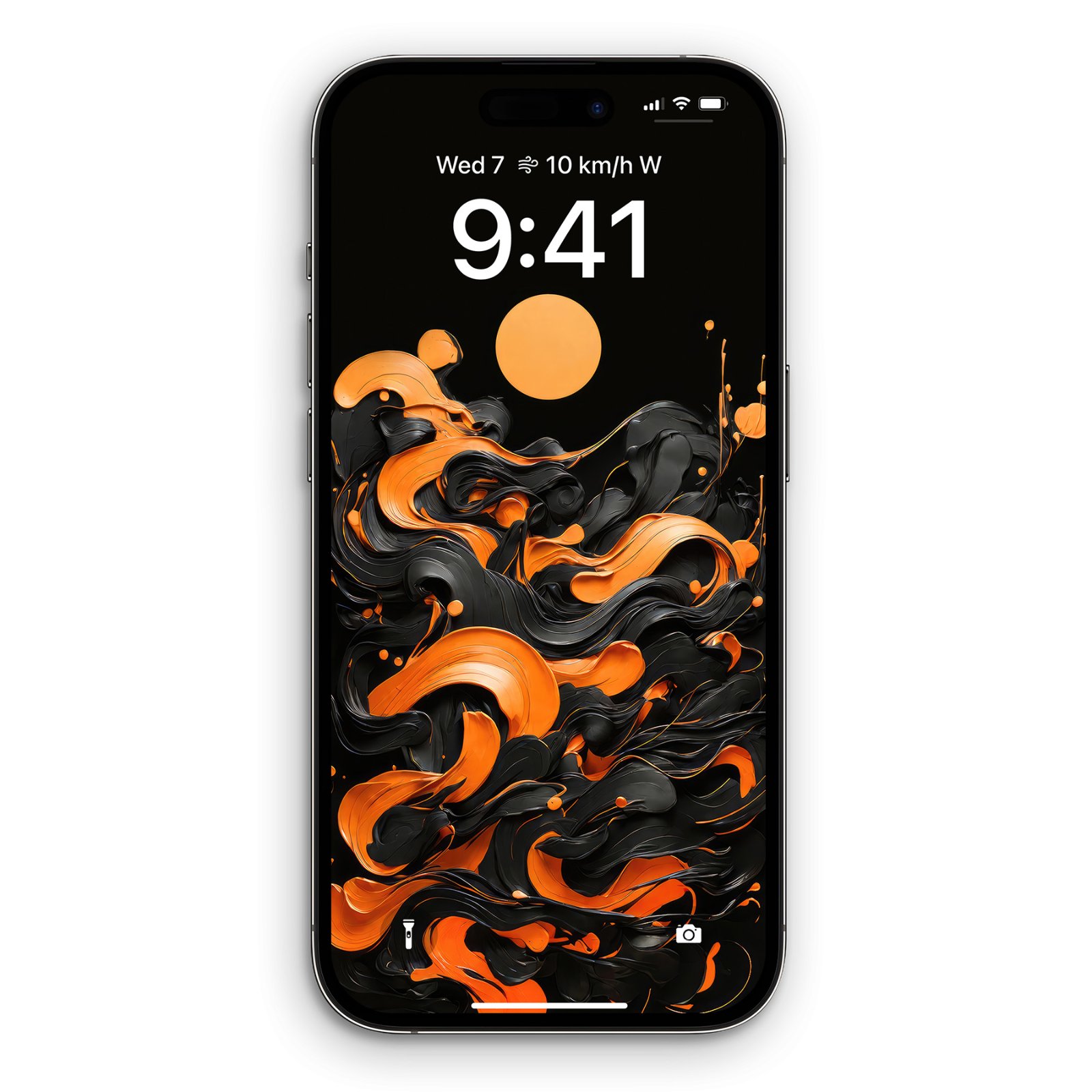 An iPhone displaying a black wallpaper with thick, glossy ribbons of black and marigold orange swirling, along with a crisp orange sun disk. The time '9:41' and lock screen widgets are visible.