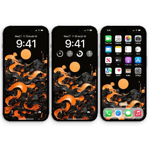 A mockup of an iPhone displaying a black wallpaper with thick, glossy ribbons of black and marigold orange swirling. A crisp orange sun disk sits near the top. The time '9:41' is visible.