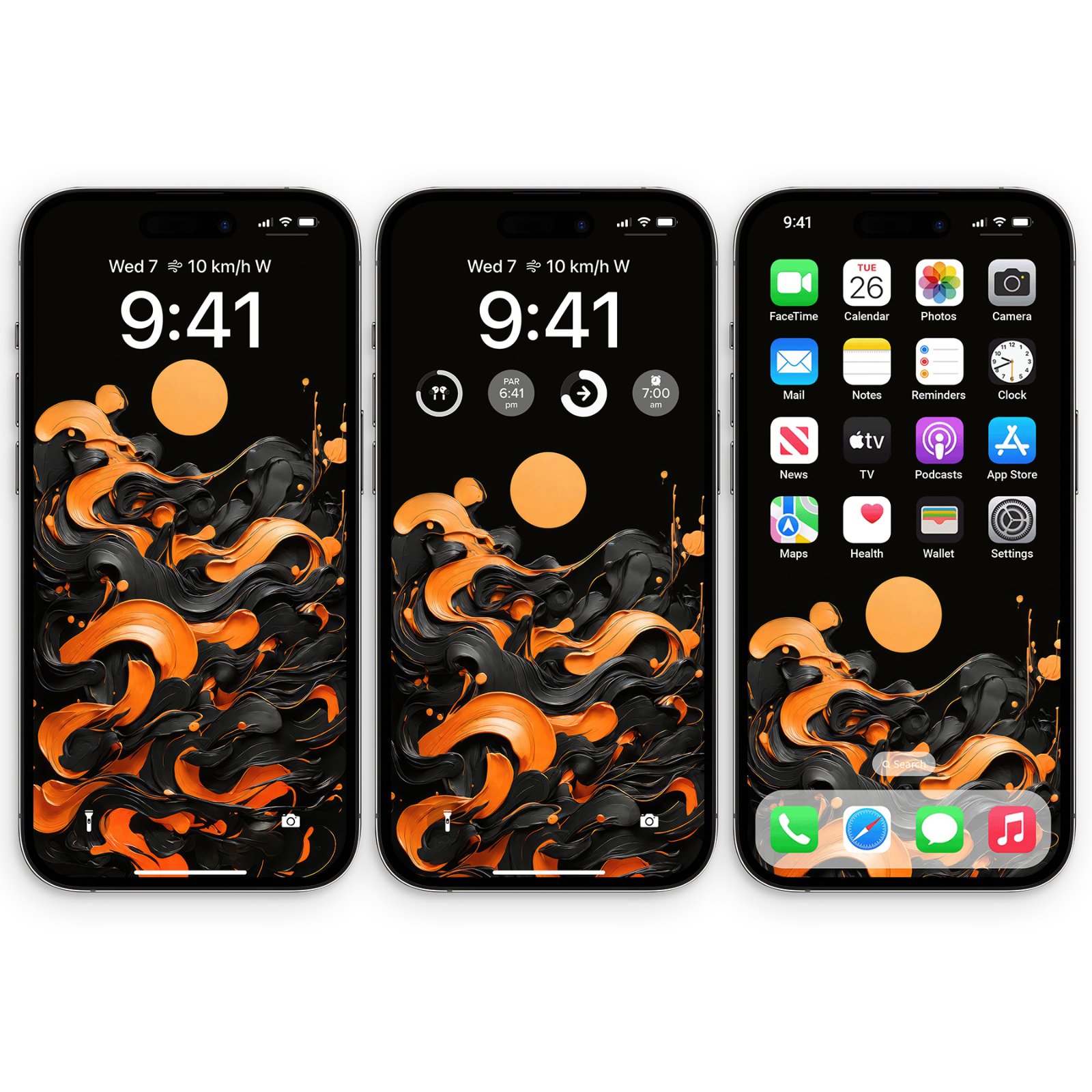 A mockup of an iPhone displaying a black wallpaper with thick, glossy ribbons of black and marigold orange swirling. A crisp orange sun disk sits near the top. The time '9:41' is visible.
