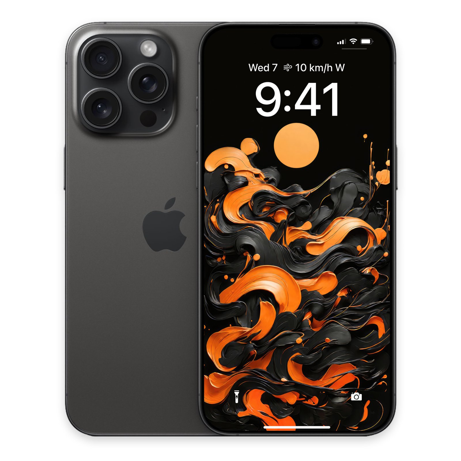 A dark grey iPhone 15 Pro Max with its screen displaying a black wallpaper featuring thick, glossy ribbons of black and marigold orange swirling, and an orange sun disk. The time '9:41' is visible.