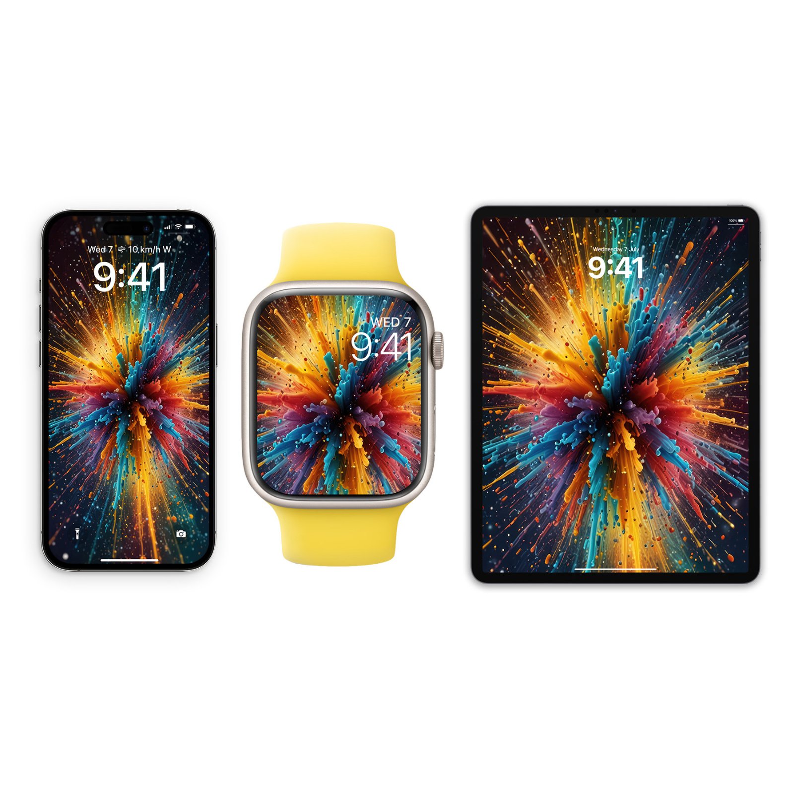 An iPhone, an Apple Watch, and an iPad all displaying the Exploding Colors wallpaper against a white background.