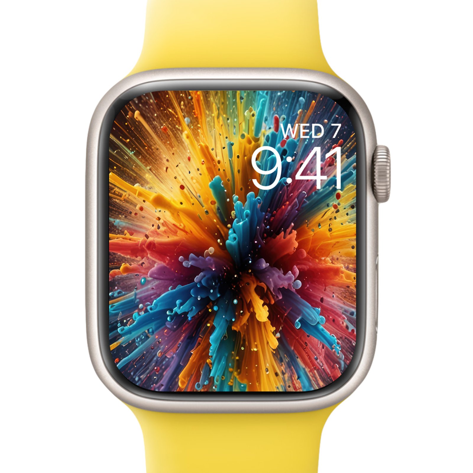 Exploding Colors wallpaper displayed on an Apple Watch Series 9 with a yellow sport band.
