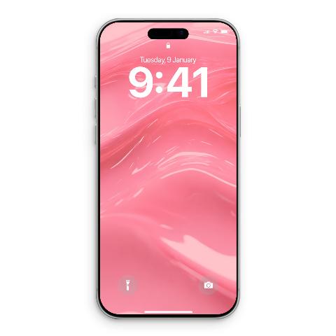 A silver iPhone showing a lock screen wallpaper with a soft, bubblegum-pink base and fluid, rippling textures. The time 9:41 AM and date Tuesday, 9 January are visible.