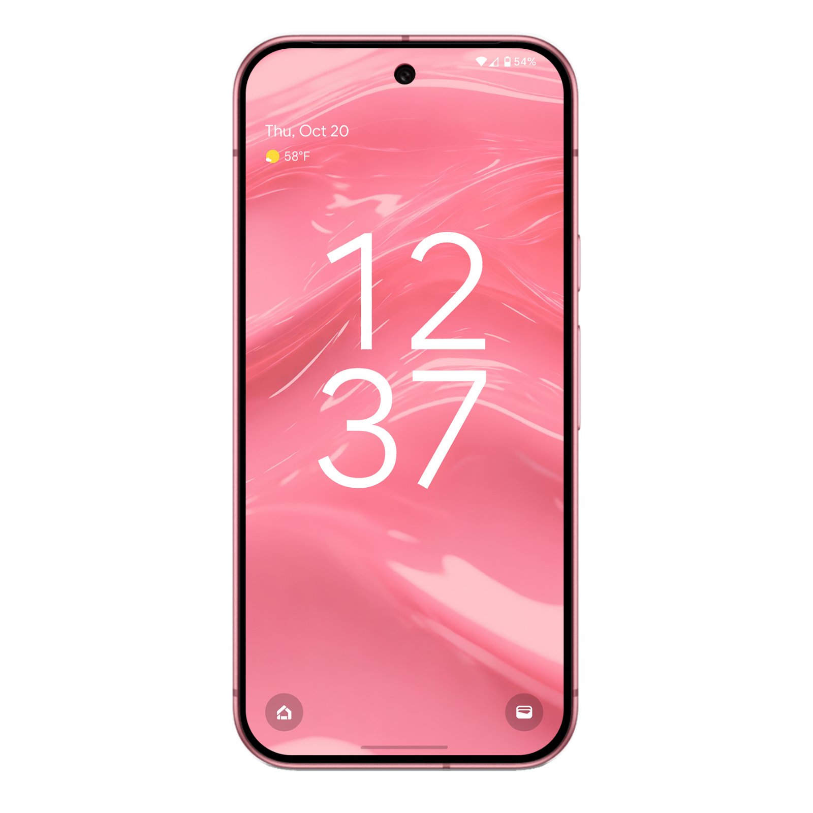 A pink Google Pixel phone showing a lock screen wallpaper with soft, bubblegum-pink liquid textures. The time 12:37 and date Thu, Oct 20 are visible.