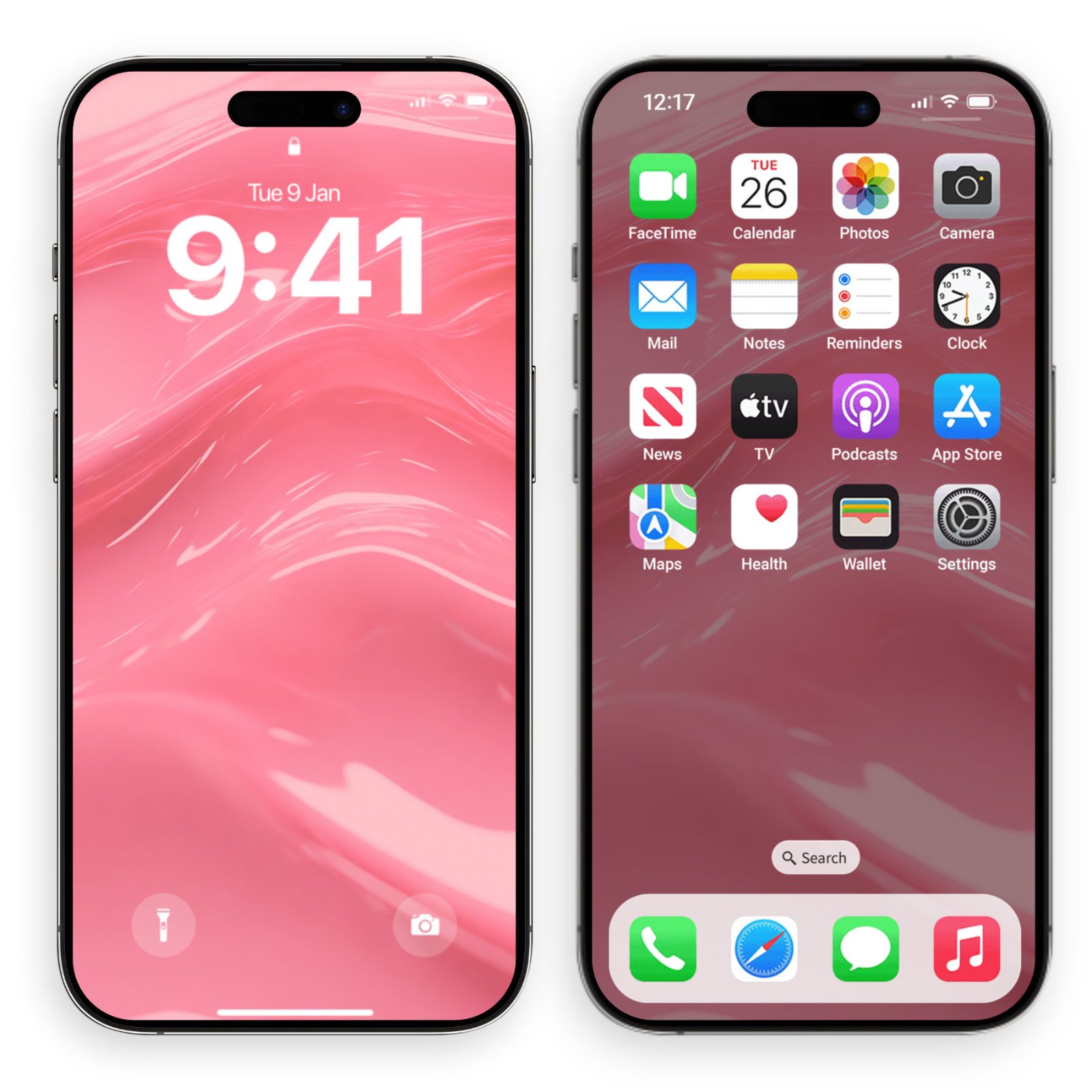 A silver iPhone showing the lock screen and home screen side-by-side, both displaying the pink liquid flow wallpaper.