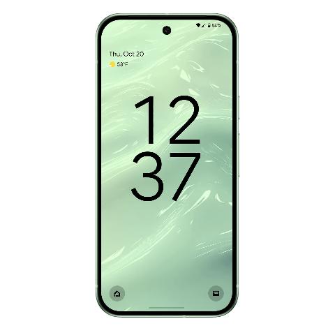 A light green Google Pixel phone is shown from the front, displaying a lock screen wallpaper with swirling patterns in shades of pale mint green and white. The date and time are visible in black text.