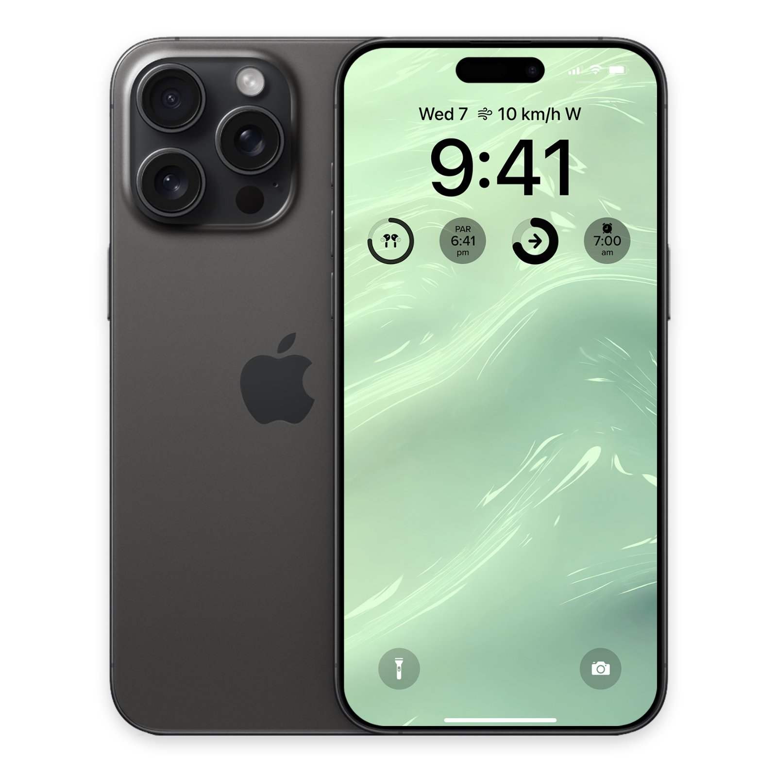 A dark grey iPhone is shown from the back and front, displaying a lock screen wallpaper with swirling patterns in shades of pale mint green and white. The date and time are visible in black text.