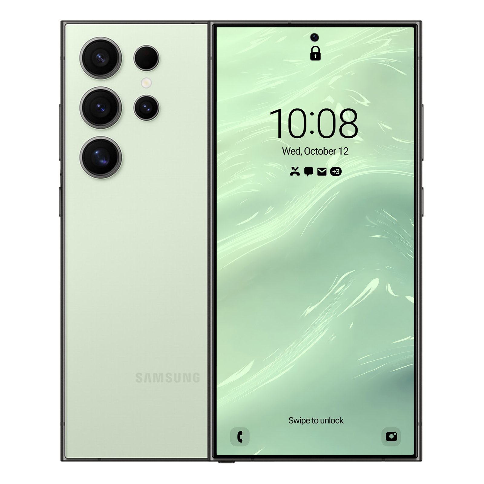 A pale green Samsung Galaxy phone is shown from the back and front, displaying a lock screen wallpaper with swirling patterns in shades of pale mint green and white. The date and time are visible in black text.