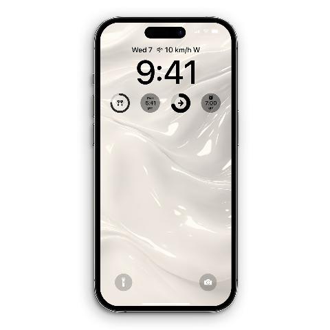 An iPhone showing a lock screen wallpaper with creamy off-white, undulating waves that create a fluid, organic texture with subtle shadows.