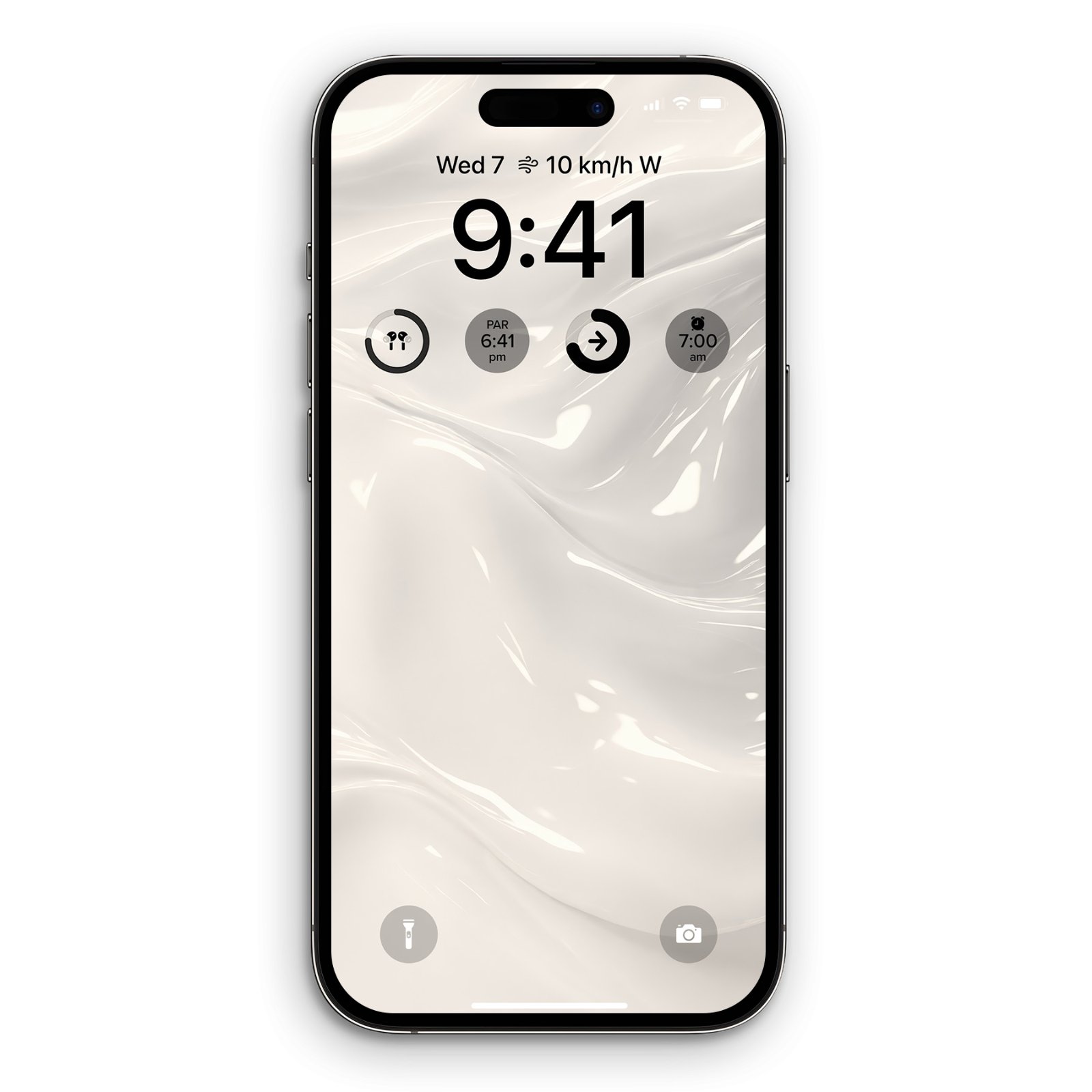 An iPhone showing a lock screen wallpaper with creamy off-white, undulating waves that create a fluid, organic texture with subtle shadows.