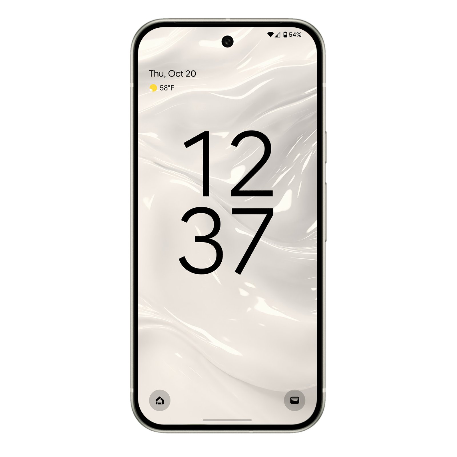 A Google Pixel showing a lock screen wallpaper with creamy off-white, undulating waves that create a fluid, organic texture with subtle shadows.