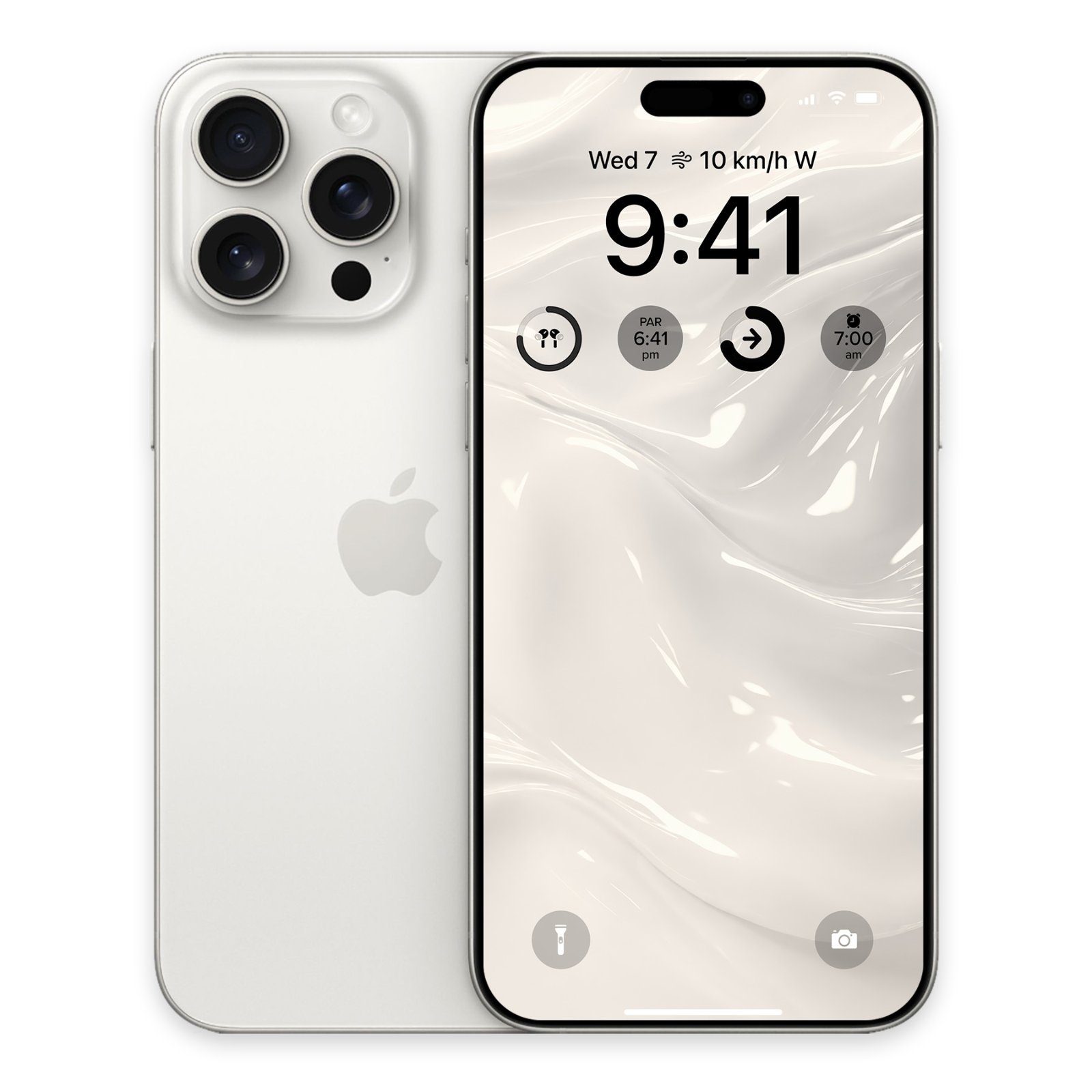 An iPhone in white, lying on its back next to another showing a lock screen wallpaper with creamy off-white, undulating waves.