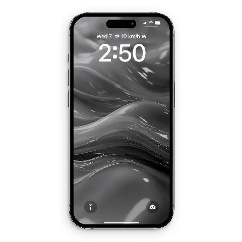 A black smartphone displays a wallpaper of glossy, undulating black and grey abstract forms with highlights. The screen shows the time 2:50.