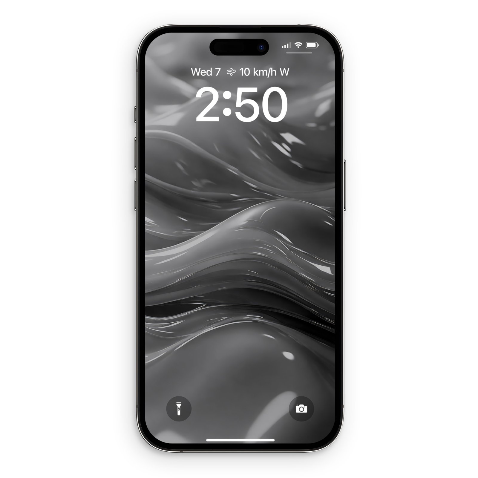 A black smartphone displays a wallpaper of glossy, undulating black and grey abstract forms with highlights. The screen shows the time 2:50.