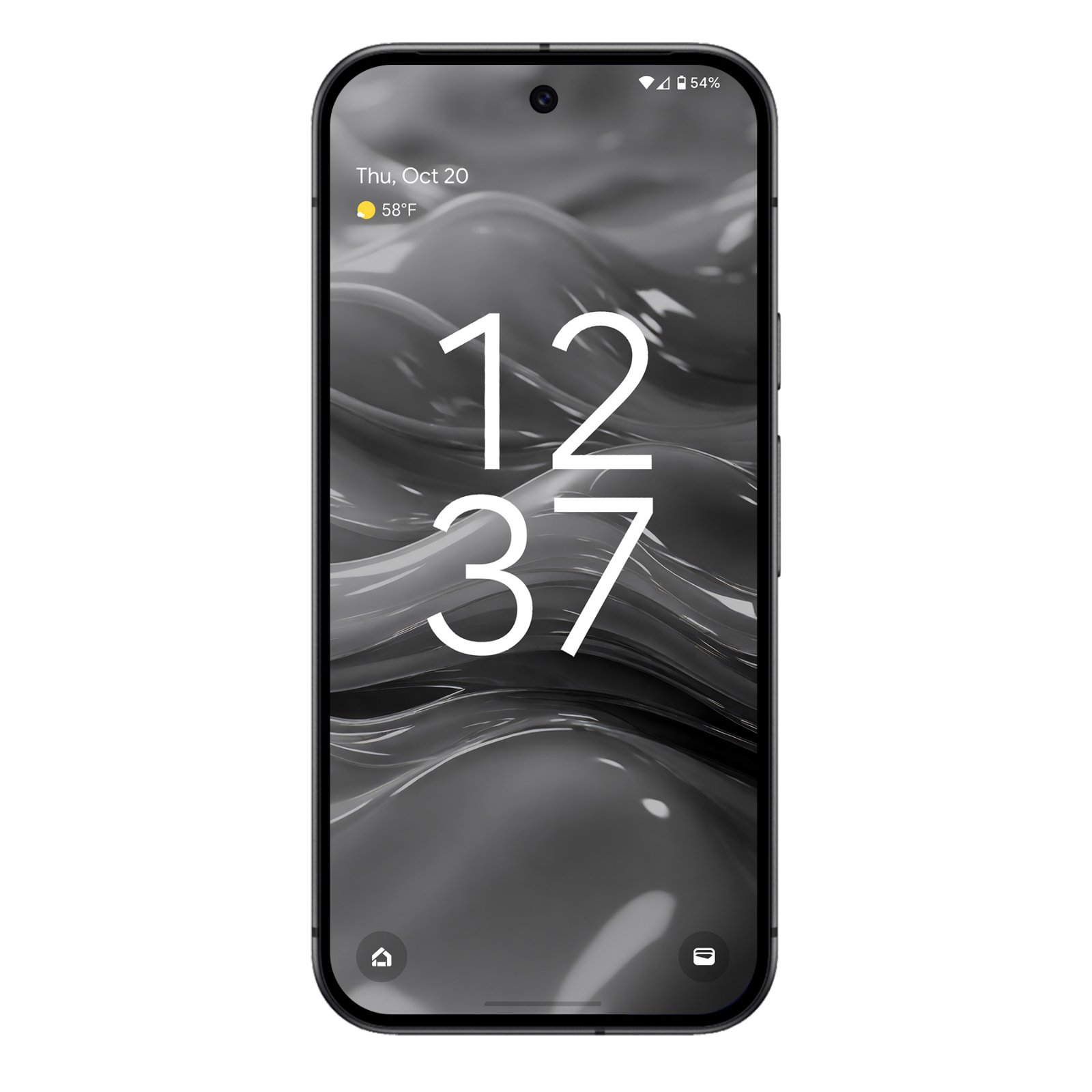 A dark grey smartphone displays a wallpaper of glossy, undulating black and grey abstract forms. The screen shows the time 12:37.