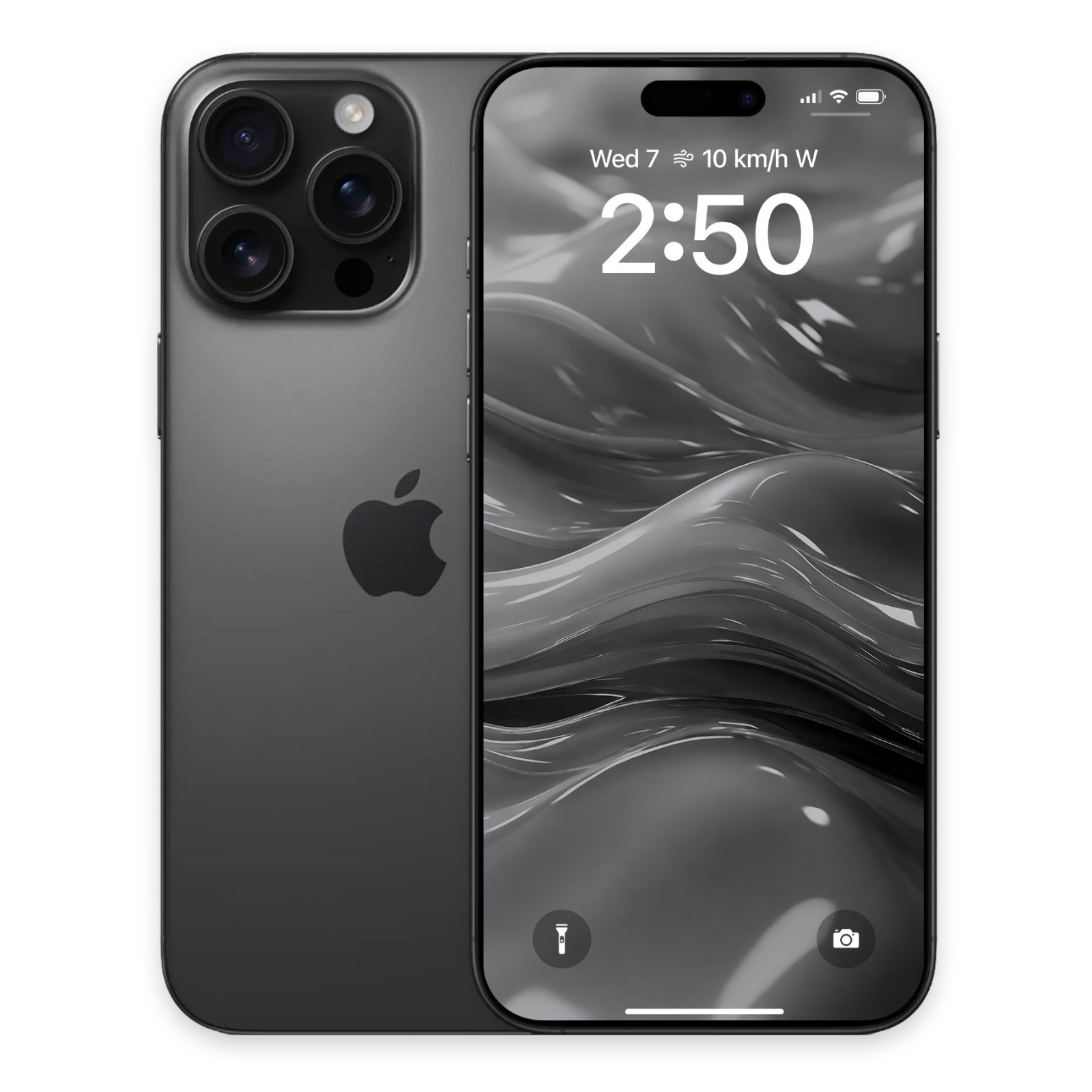 A black iPhone 14 Pro Max is shown from the front and back. The front screen displays a wallpaper of glossy, undulating black and grey abstract forms with highlights and the time 2:50.