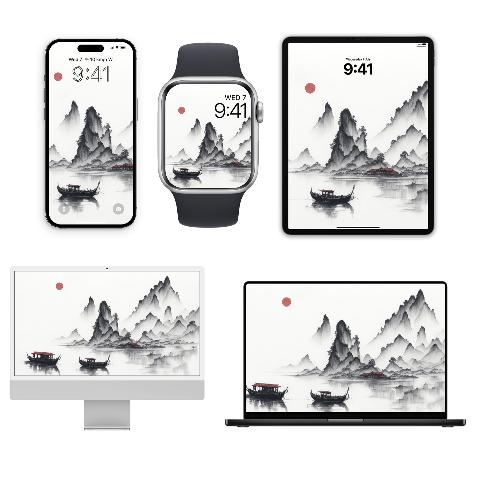 A minimalist Chinese landscape painting with mist-shrouded gray mountains and a dark boat on still water, set against a pale background with a small red sun in the upper left, displayed on an iPhone, Apple Watch, iPad, iMac, and MacBook.
