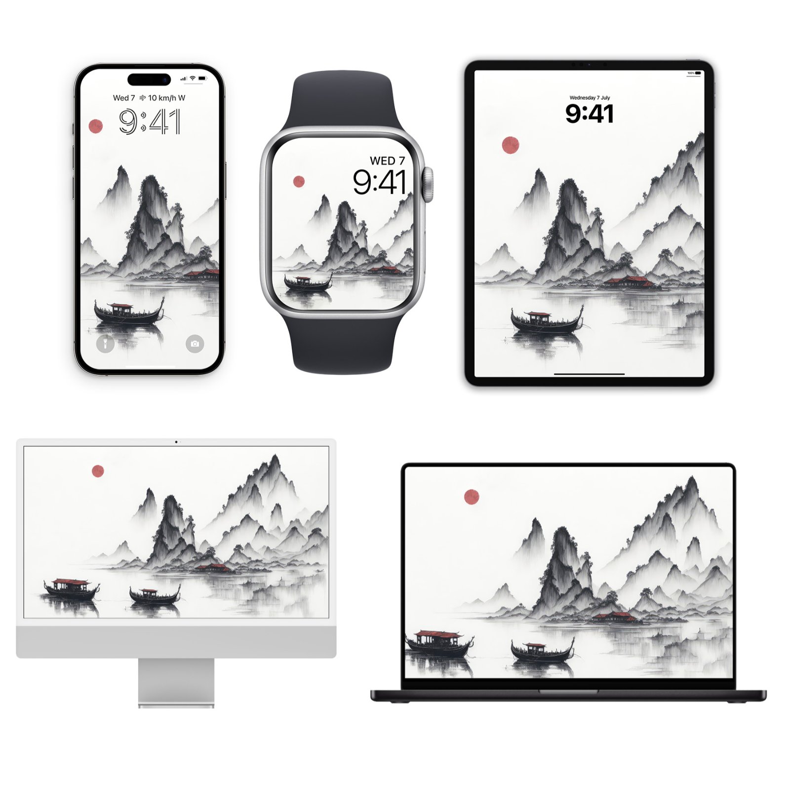 A minimalist Chinese landscape painting with mist-shrouded gray mountains and a dark boat on still water, set against a pale background with a small red sun in the upper left, displayed on an iPhone, Apple Watch, iPad, iMac, and MacBook.