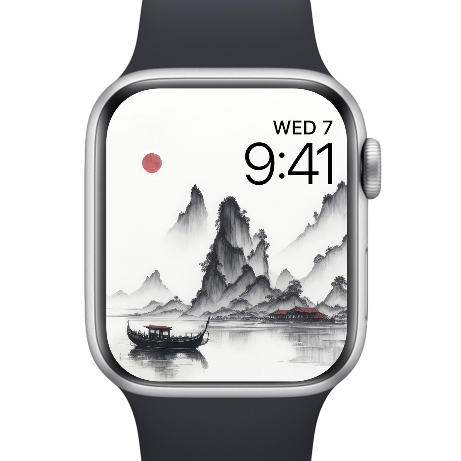 A minimalist Chinese landscape painting with mist-shrouded gray mountains and a dark boat on still water, set against a pale background with a small red sun in the upper left, displayed on an Apple Watch.