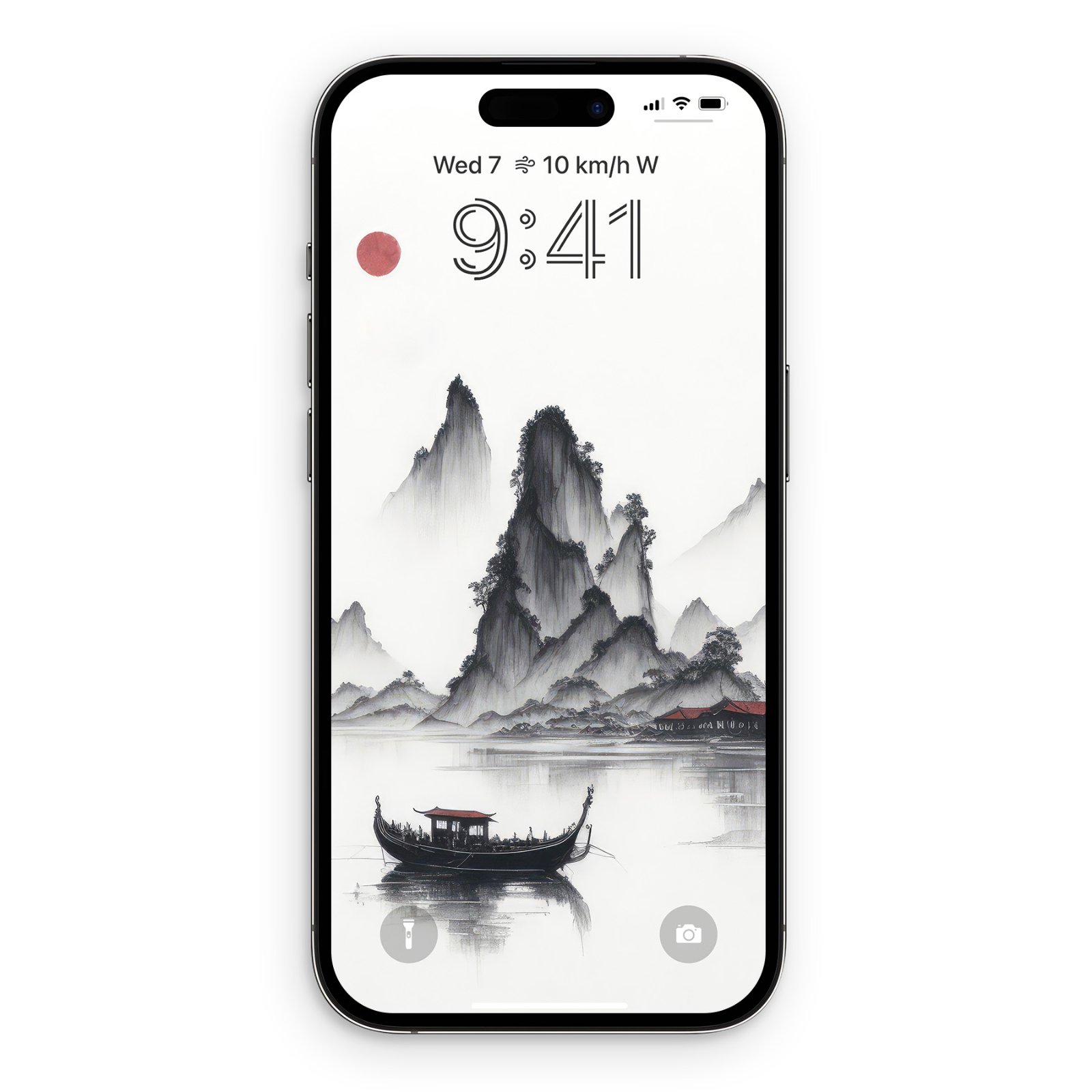 A minimalist Chinese landscape painting with mist-shrouded gray mountains and a dark boat on still water, set against a pale background with a small red sun in the upper left, displayed on an iPhone.