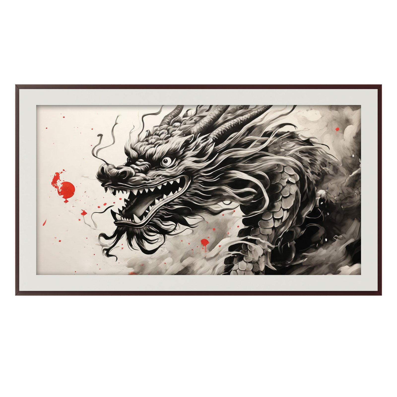 A framed rectangular digital screen displaying a Chinese ink painting of a fierce black and white dragon head emerging from dark clouds, with red ink splatters and black calligraphy on a white background.