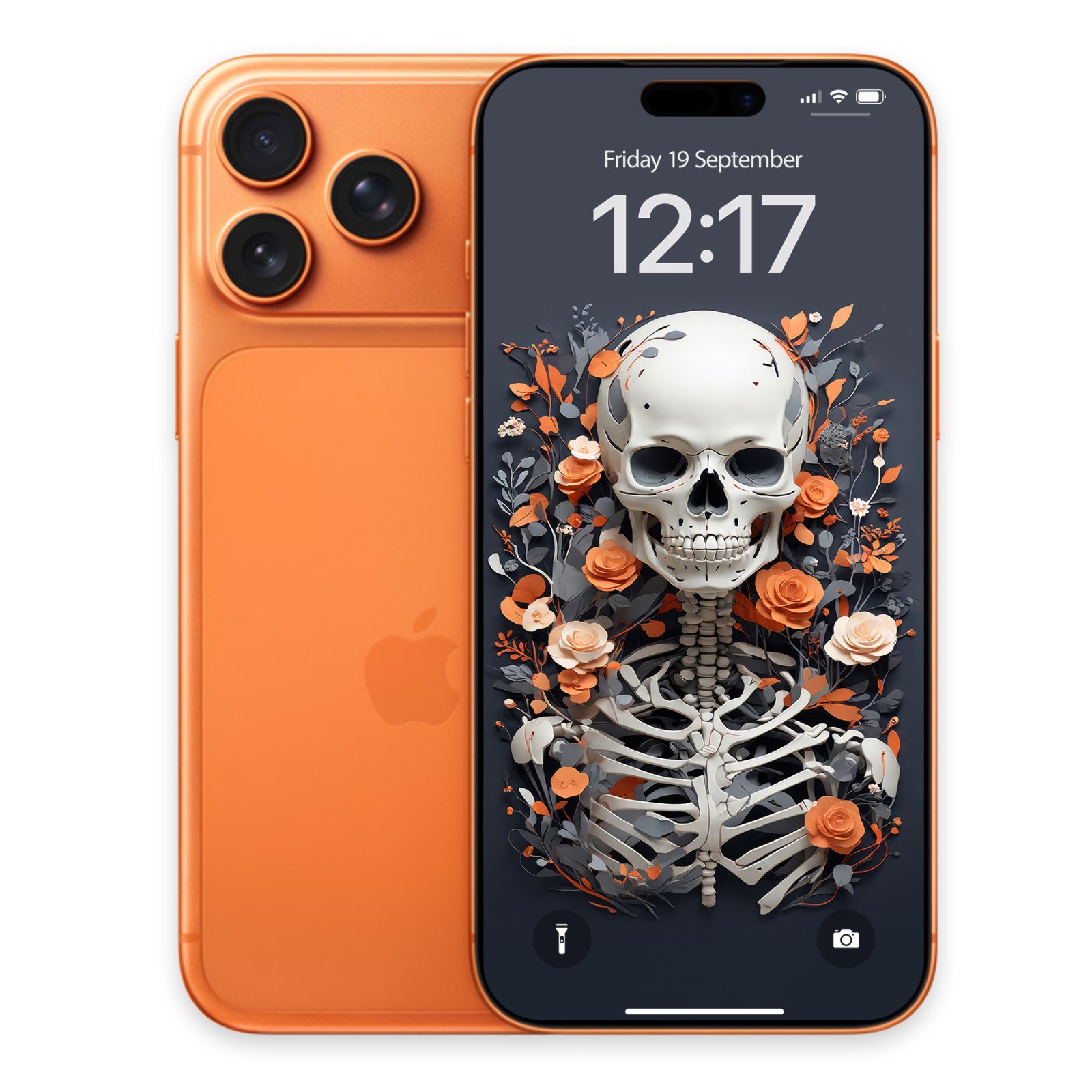 An orange iPhone mockup beside a screen displaying the white skeleton and orange flower wallpaper art.