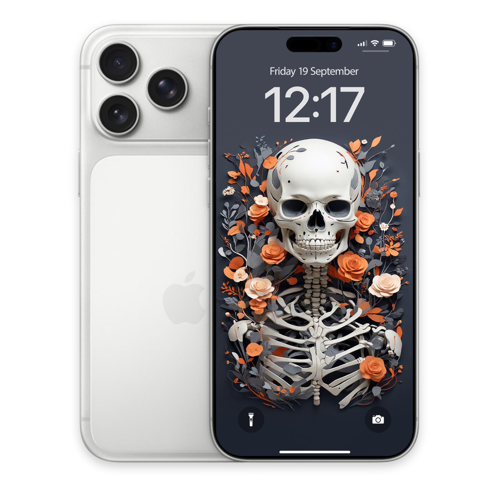A silver iPhone resting next to a screen view of the skull and orange floral digital art composition.
