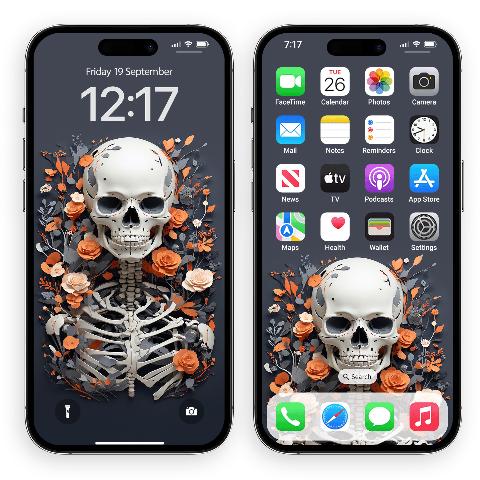 Two black iPhones side by side, one displaying a lock screen and the other a home screen featuring a white skeleton surrounded by orange roses on a dark charcoal background.