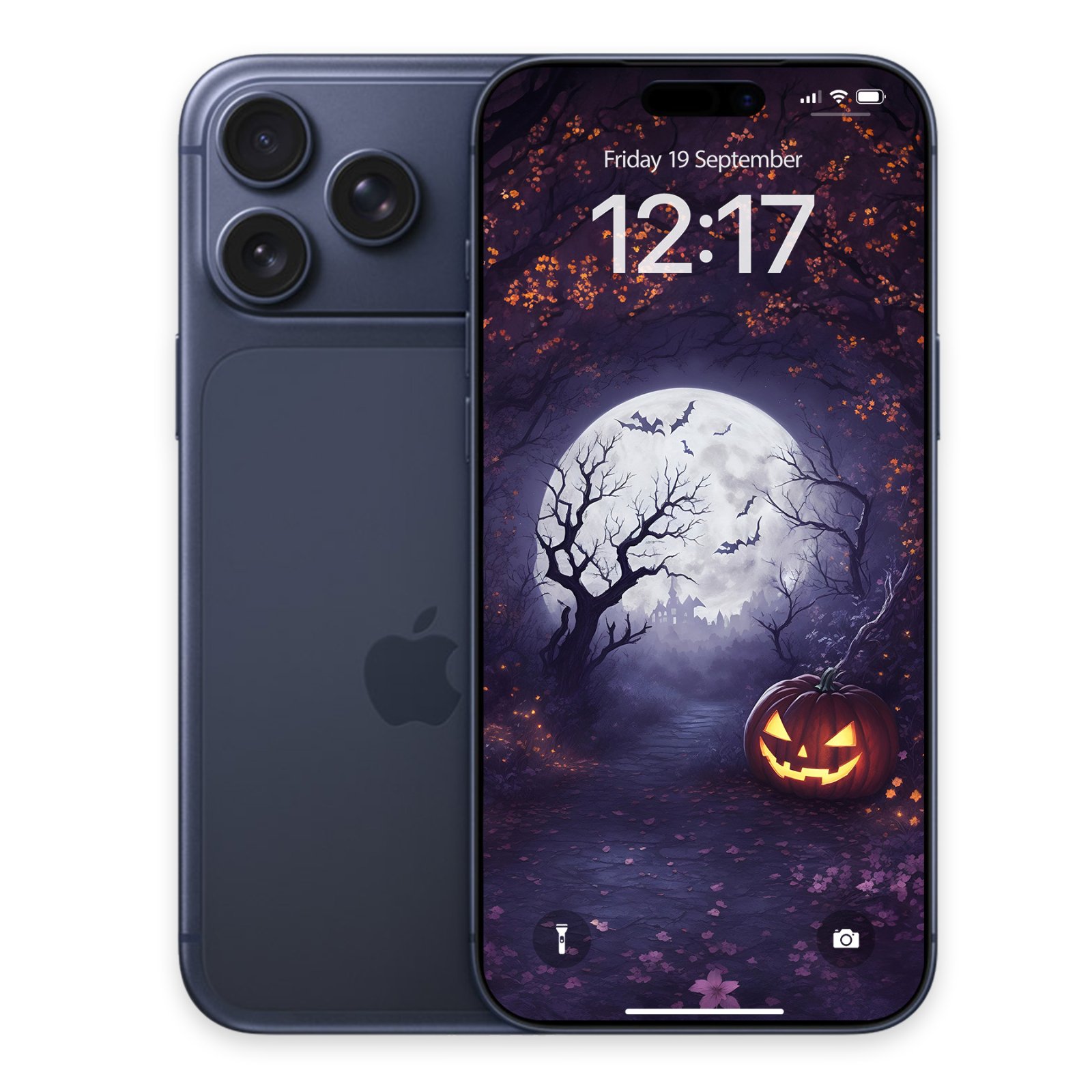 Dark purple iPhone shown from the back beside its display screen running the dark gothic full moon wallpaper with a carved pumpkin.