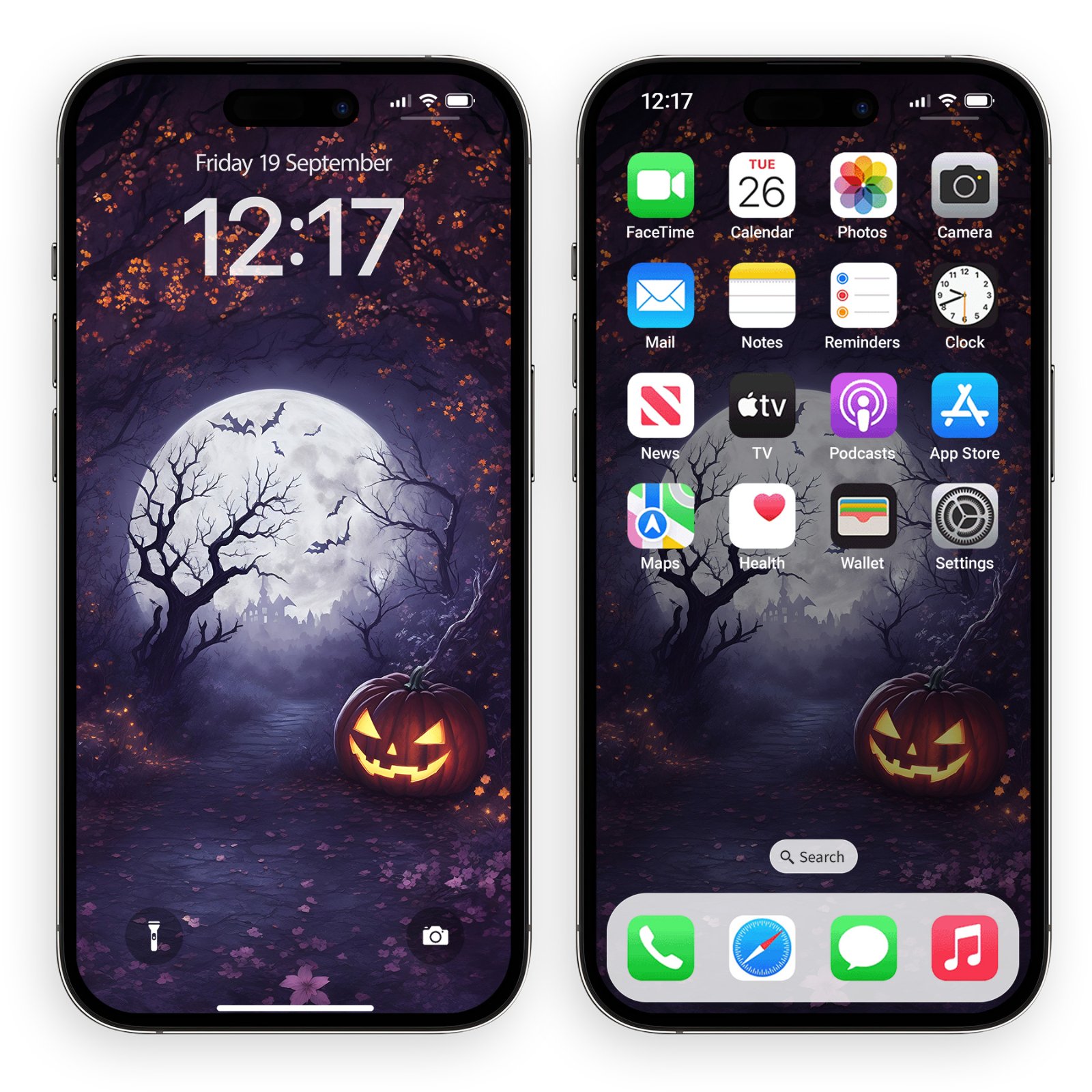 Two iPhone mockups showing the Pumpkin Moon artwork, one on the lock screen with a clock display and one on the home screen behind app icons.