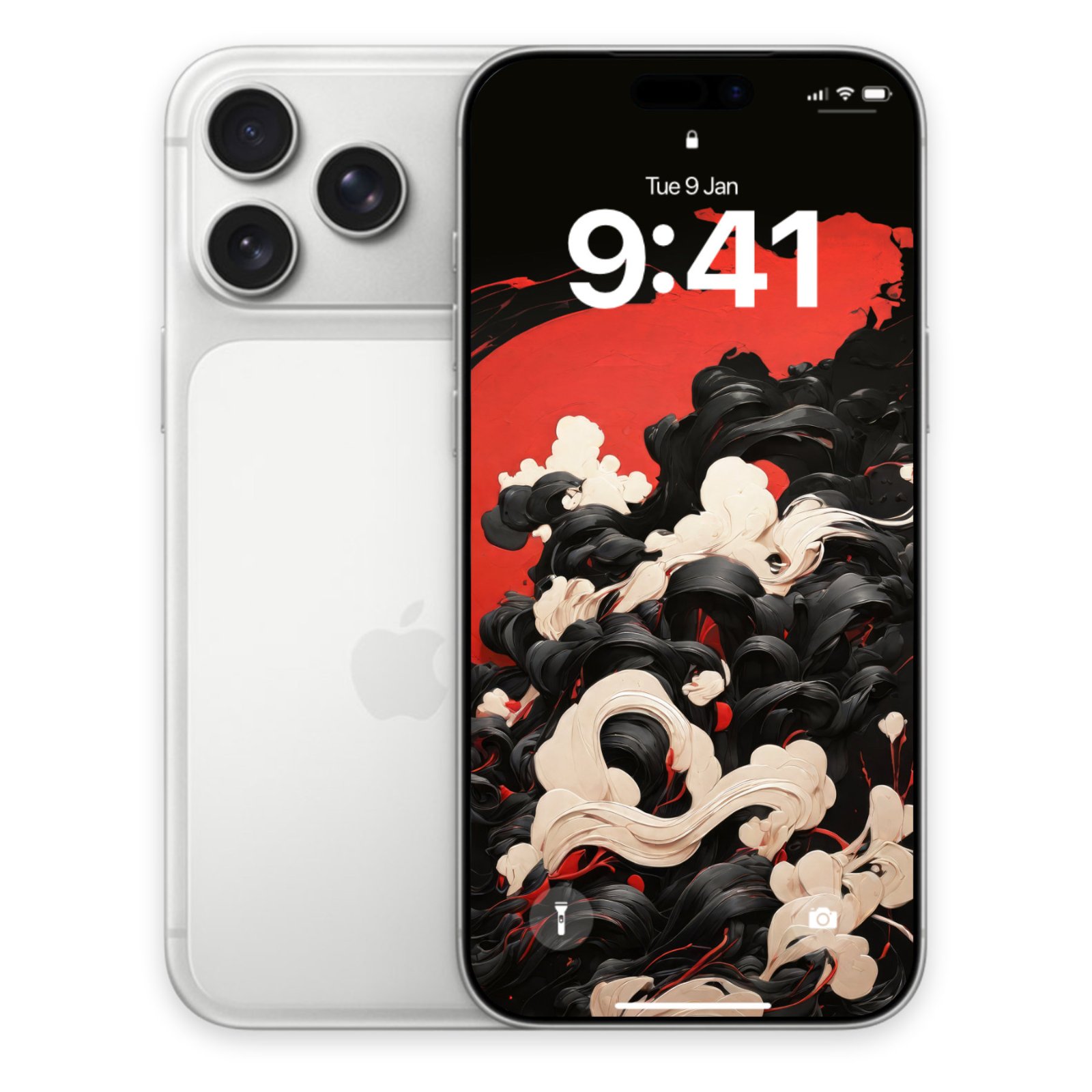 A silver iPhone viewed from the back and front, displaying a wallpaper with a vibrant red background and thick, swirling black and white brushstrokes.