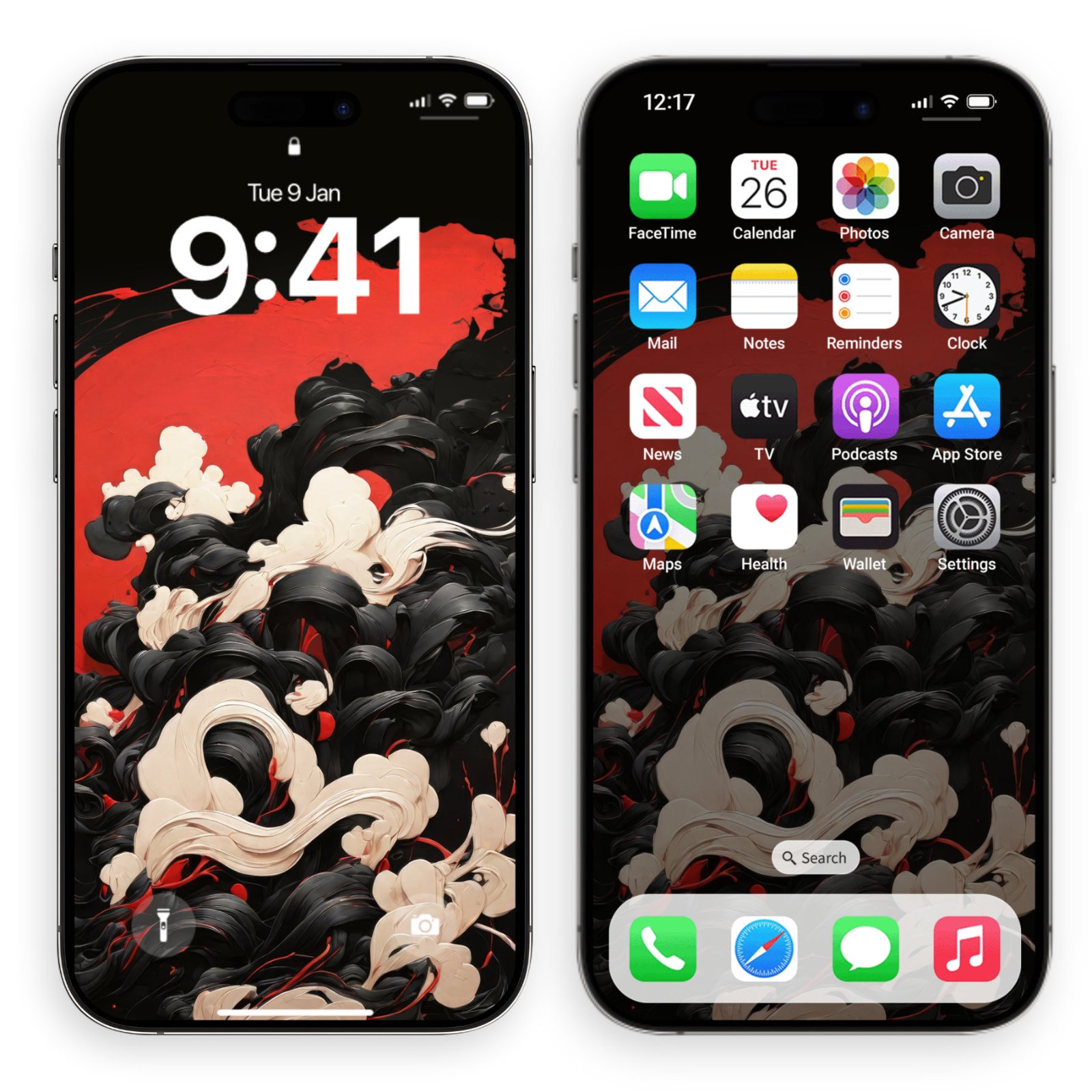 A silver iPhone displaying a wallpaper with a vibrant red background and thick, swirling black and white brushstrokes, shown alongside the home screen displaying application icons.