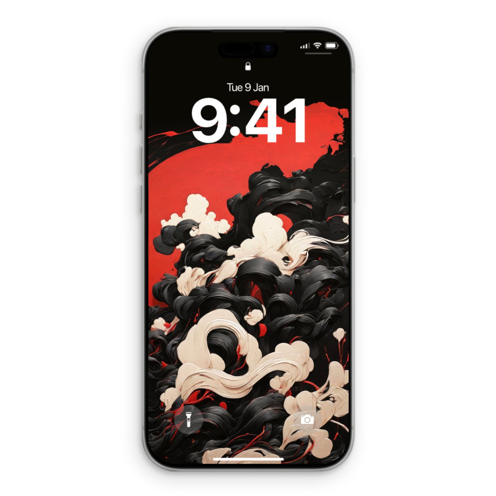 A silver iPhone displaying a wallpaper with a vibrant red background and thick, swirling black and white brushstrokes that suggest stylized clouds or smoke.