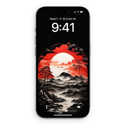 Japanese sumi ink landscape phone wallpaper with crimson sun and misty mountains displayed on an iPhone lock screen.