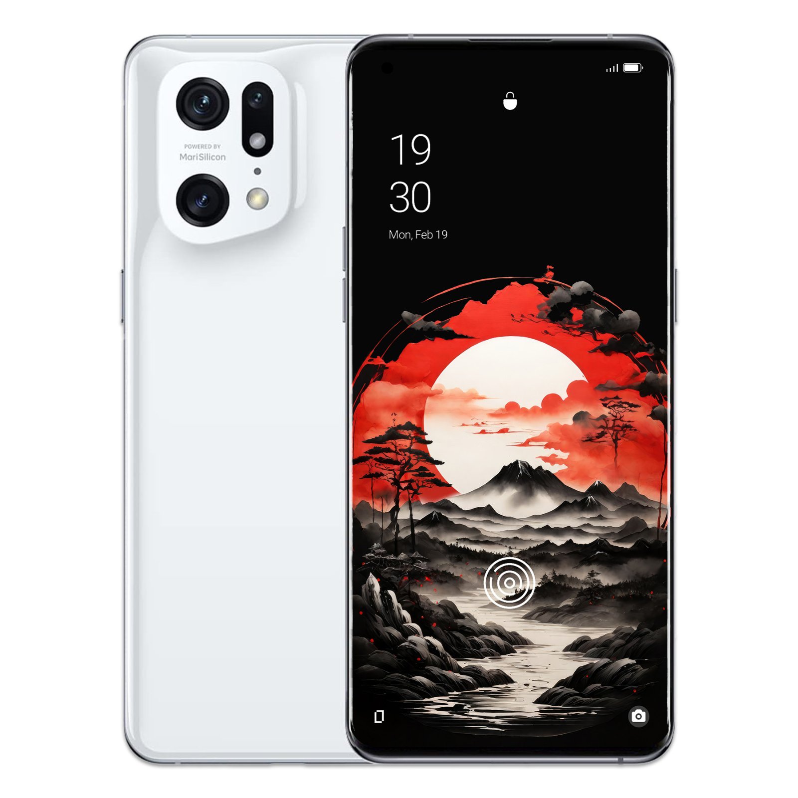 Crimson sun and sumi ink mountain wallpaper displayed on a white Android smartphone screen.