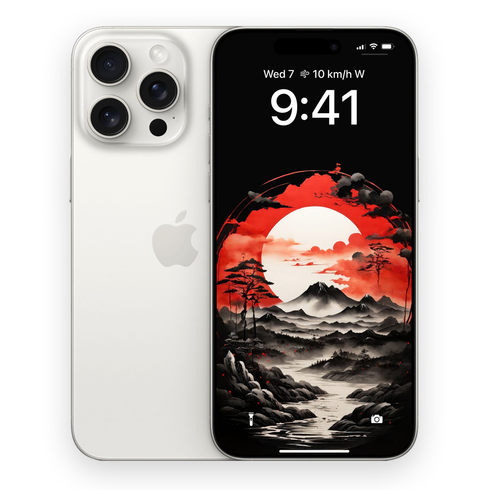 Japanese ink dark mode wallpaper with red sun graphic shown on a white iPhone 14 Pro mock-up.