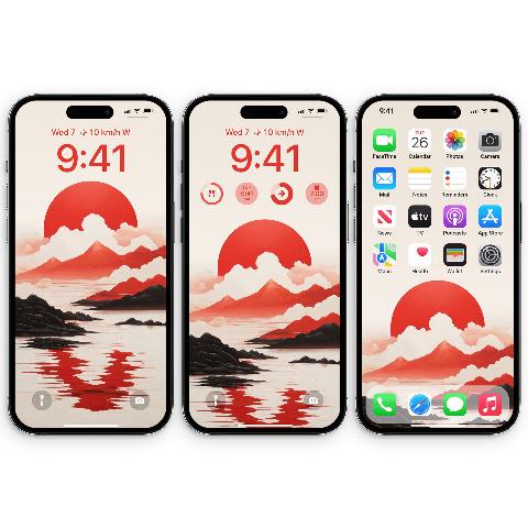 Three phone displays showing a minimalist Asian landscape wallpaper with a bold red sun, cream clouds, red mountains, and black rocks reflected in water.