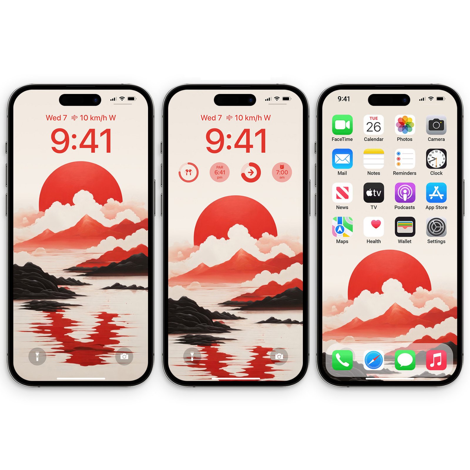 Three phone displays showing a minimalist Asian landscape wallpaper with a bold red sun, cream clouds, red mountains, and black rocks reflected in water.