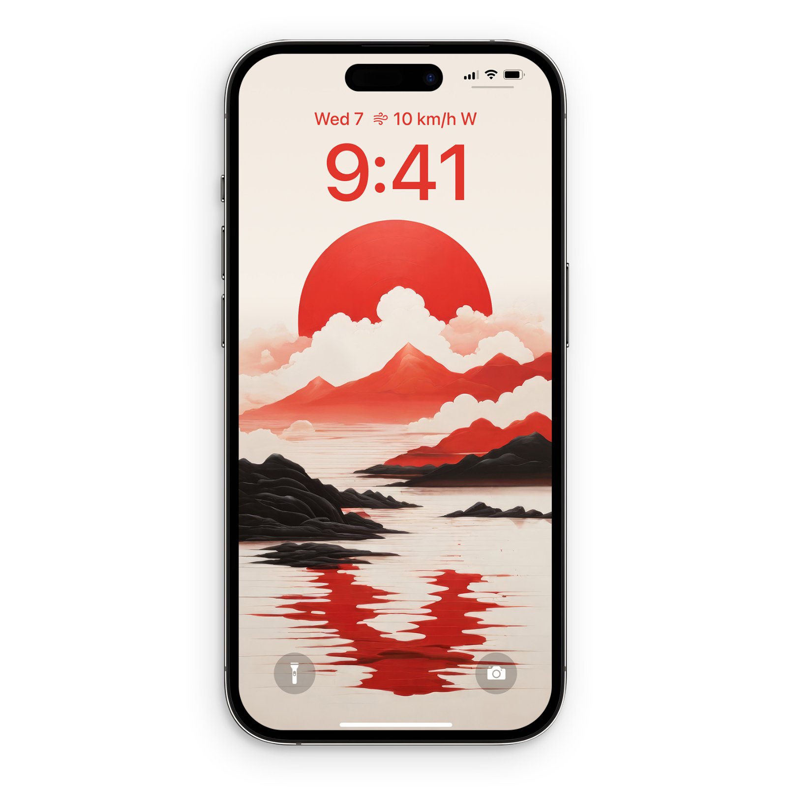 Phone screen lock display featuring a red rising sun over mountains and dark rock formations with red reflections on water.