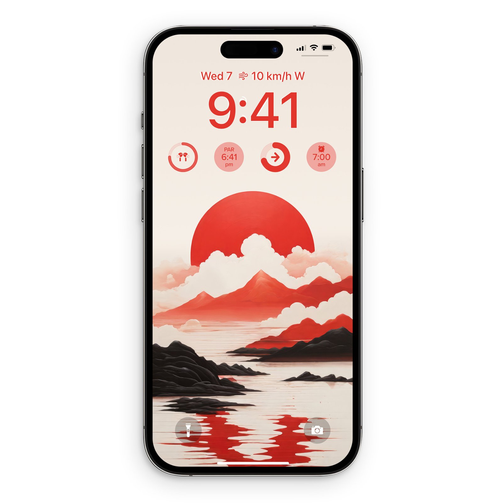 Phone screen displaying the red sun wallpaper with custom red time and status widgets.