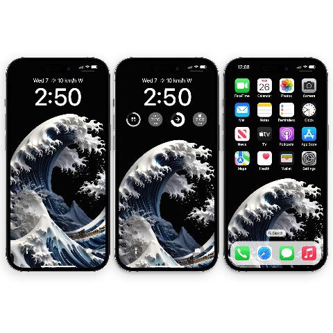 Three iPhone mockups side by side displaying a ceramic style Great Wave wallpaper with white porcelain crests and deep blue water on a black screen background.