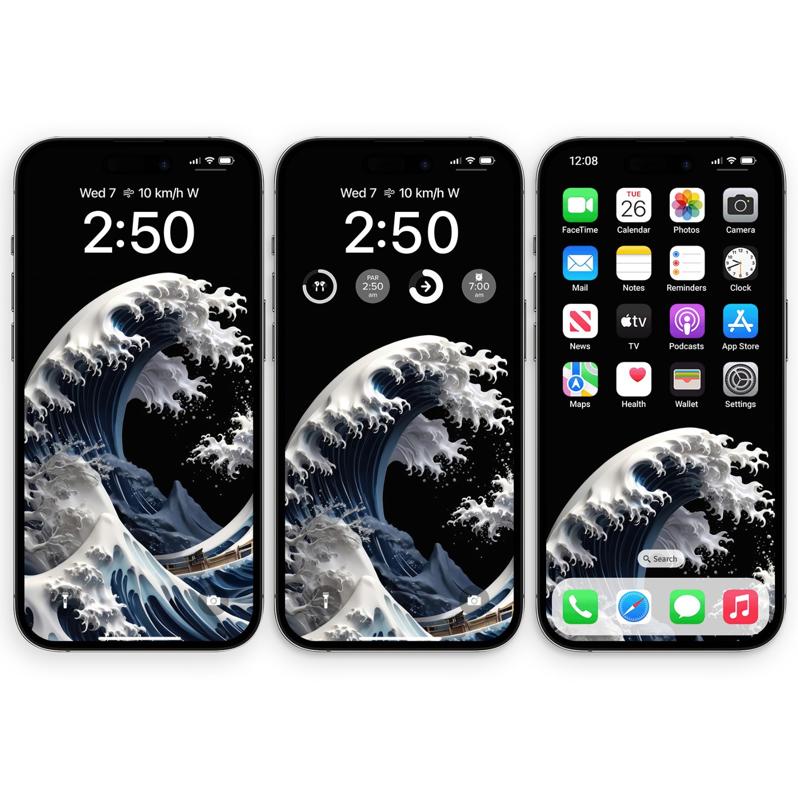 Three iPhone mockups side by side displaying a ceramic style Great Wave wallpaper with white porcelain crests and deep blue water on a black screen background.